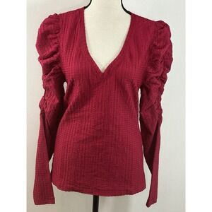 LOFT Shirt Knit Top Womens Medium Textured Long Puff Sleeve V Neck Wine